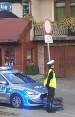 policjantka ruchu drogowego w kamizelce odblaskowej stoi przed radiowozem i obserwuje ruch