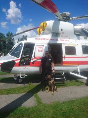 policjant z psem służbowym przy helikopterze