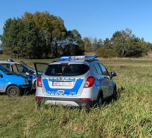 na trawie dwa radiowozy oznakowane Policji i niebieski samochód osobowy