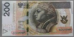 banknot 200 złotowy z napisem souvenir