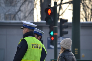 policjanci ruchu drogowego stoją przy sygnalizacji świetlnej