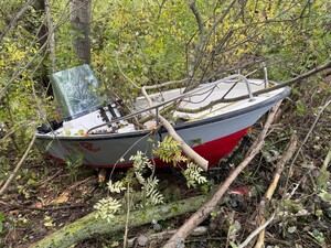 Łodz motorowa ukryta w zaroslach