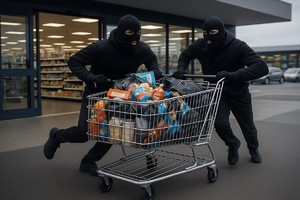 zdjęcie wymoderowane dwoch mezczyzn w kominiarkach z wózkiem sklepowym