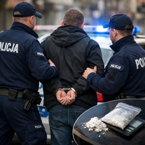 Policjanci prowadzący mężczyznę w kajdankach