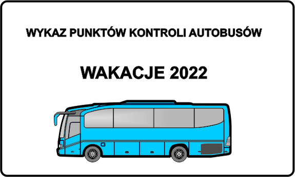 niebieski autobus i napis wakacje 2022